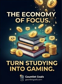 Economy of focus showing study rewards, XP, books, Coins, and productivity progress.